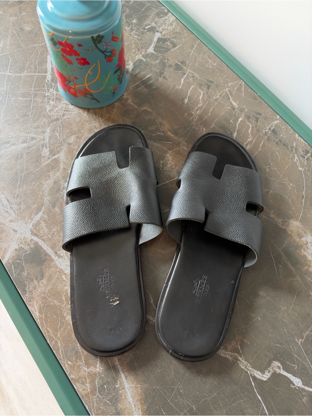 Hermes Men's Black Leather H Slide Sandals